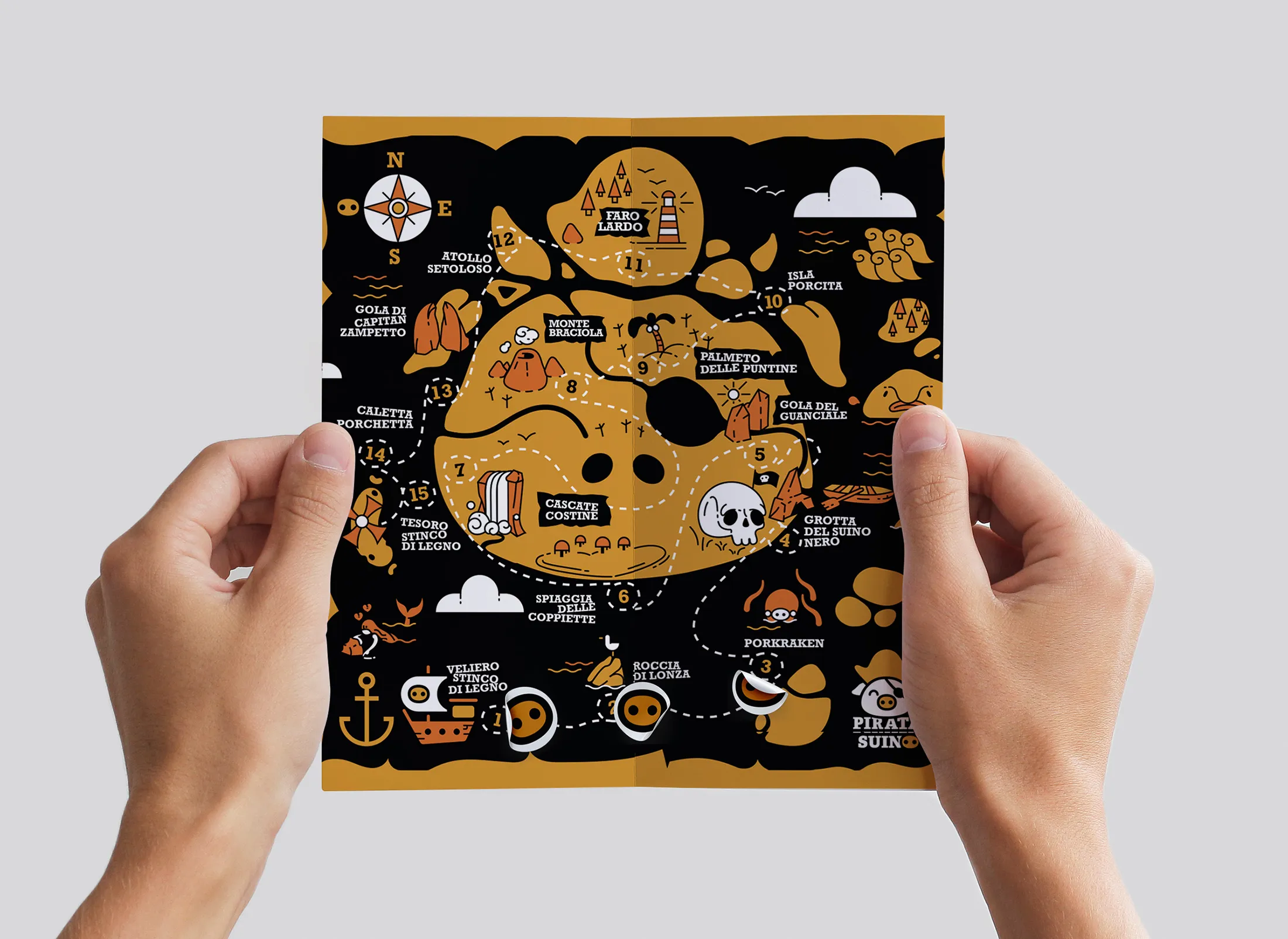 La mappa del tesoro del Pirata Suino aperta con le tappe illustrate della raccolta punti