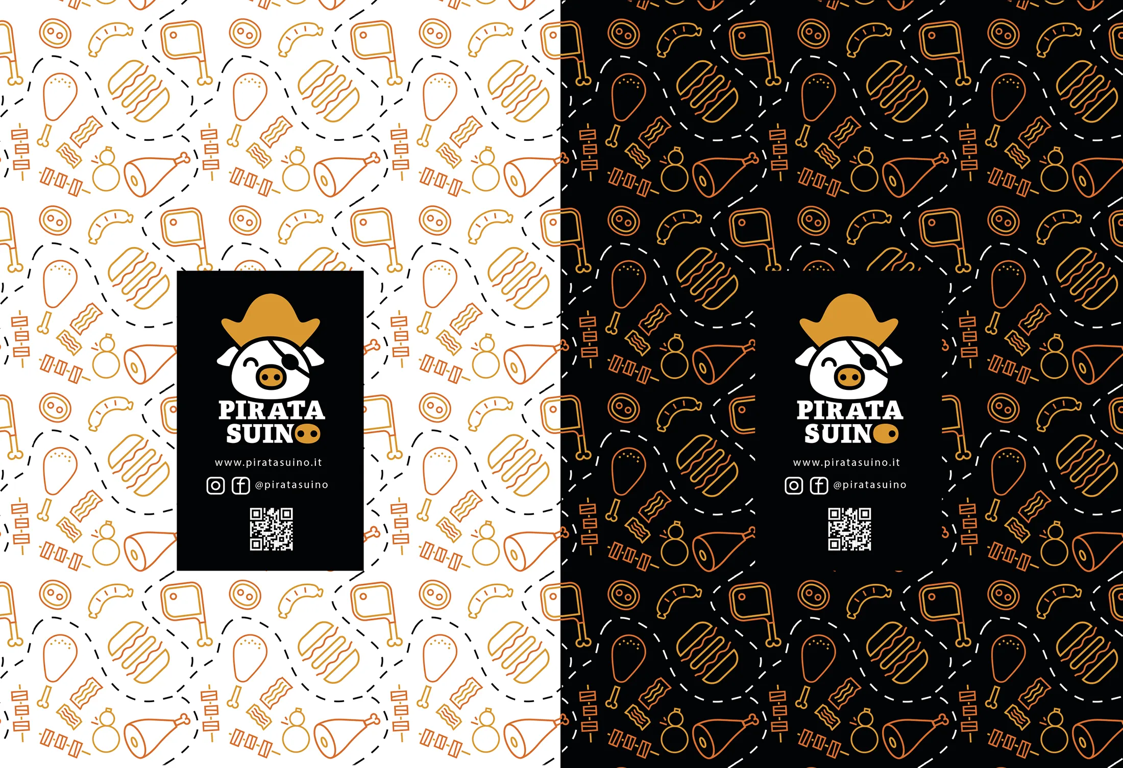 Pattern illustrato e biglietto da visita Pirata Suino nelle versioni chiara e scura