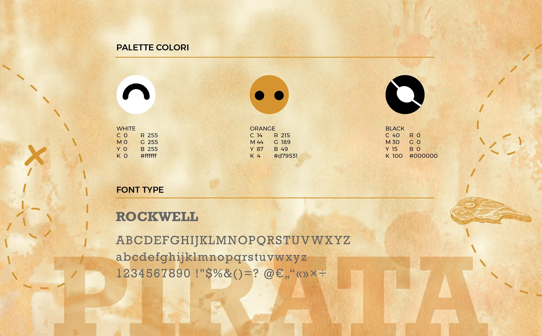 Palette colori e font Rockwell dell'identita visiva Pirata Suino