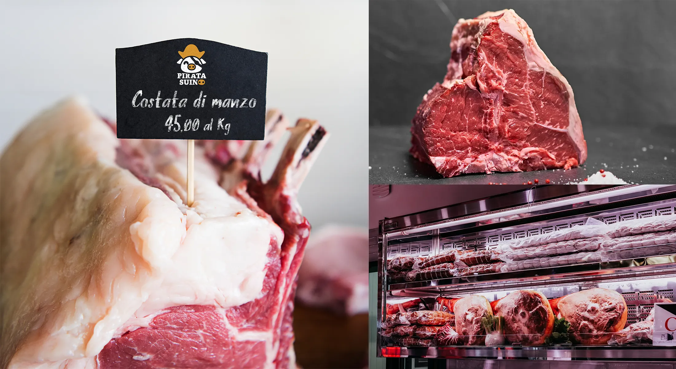 Scatti della bottega Pirata Suino: costata di manzo, taglio di carne e banco frigo