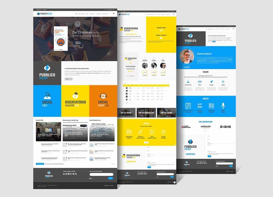 Tre schermate del sito Pubblico Delirio: home, Osservatorio Social VIP e scheda profilo