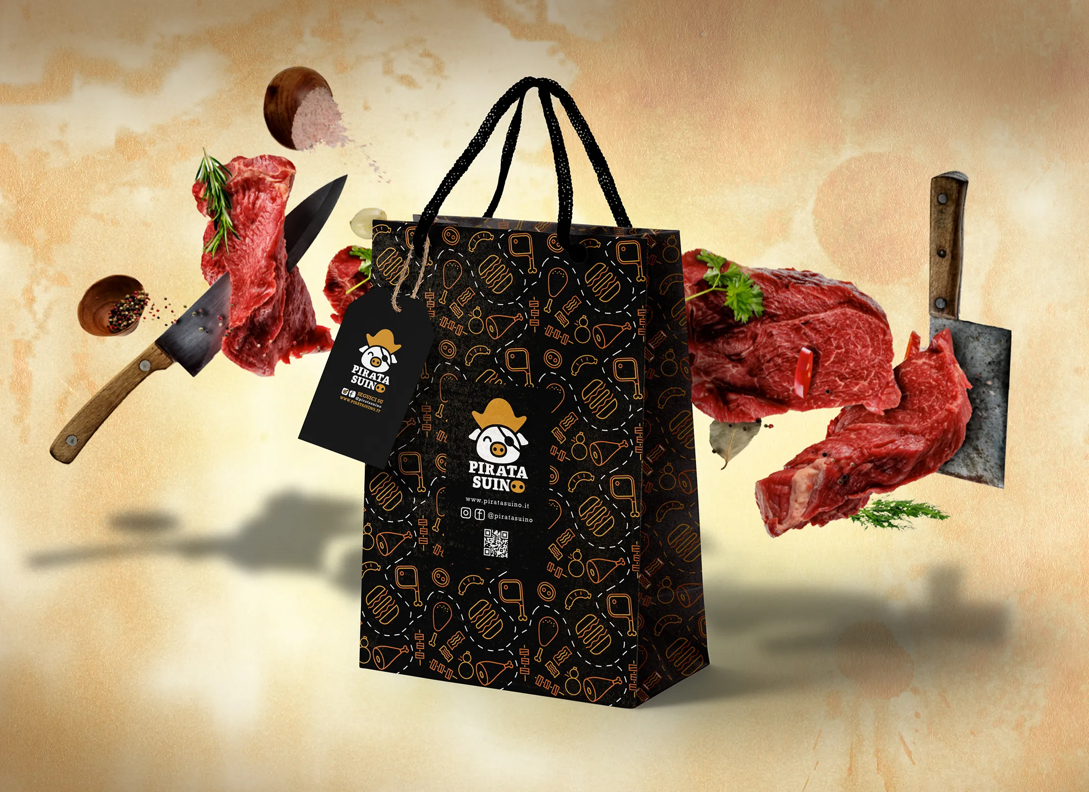 Shopper e cartellino personalizzati Pirata Suino tra tagli di carne e coltelli