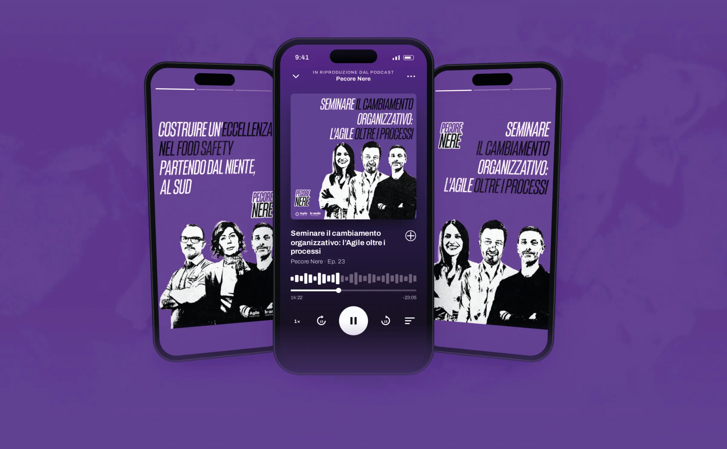 Tre smartphone con le copertine degli episodi di Pecore Nere e il player del podcast