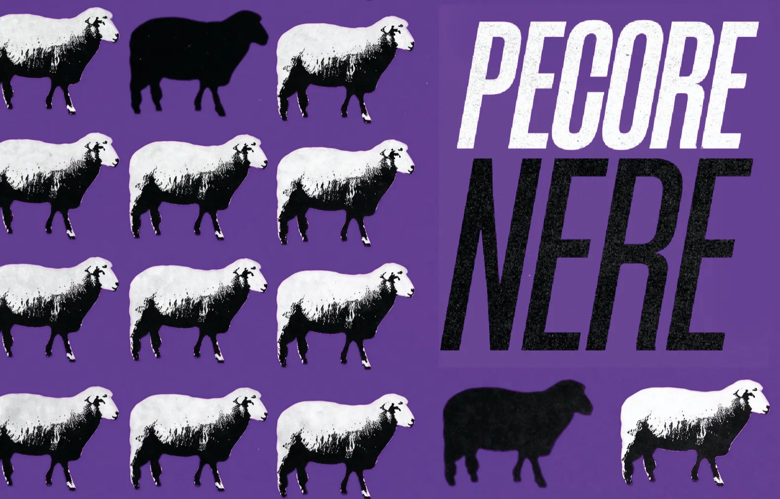 Logotipo Pecore Nere su due righe accanto al gregge di pecore bianche e nere