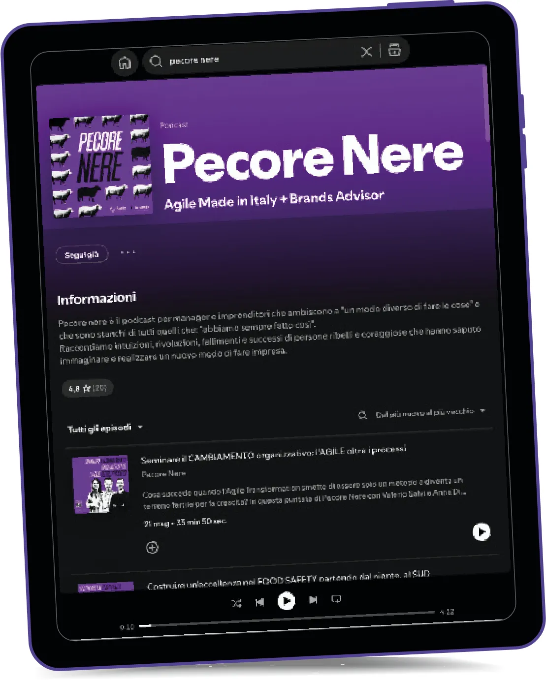 La pagina del podcast Pecore Nere su Spotify vista da tablet