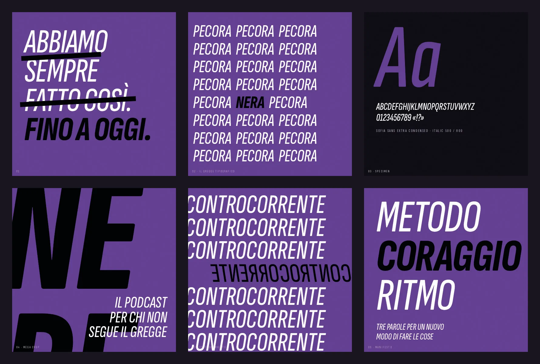 Type system di Pecore Nere: titoli in bastoni extra condensato corsivo, specimen del carattere e manifesti tipografici