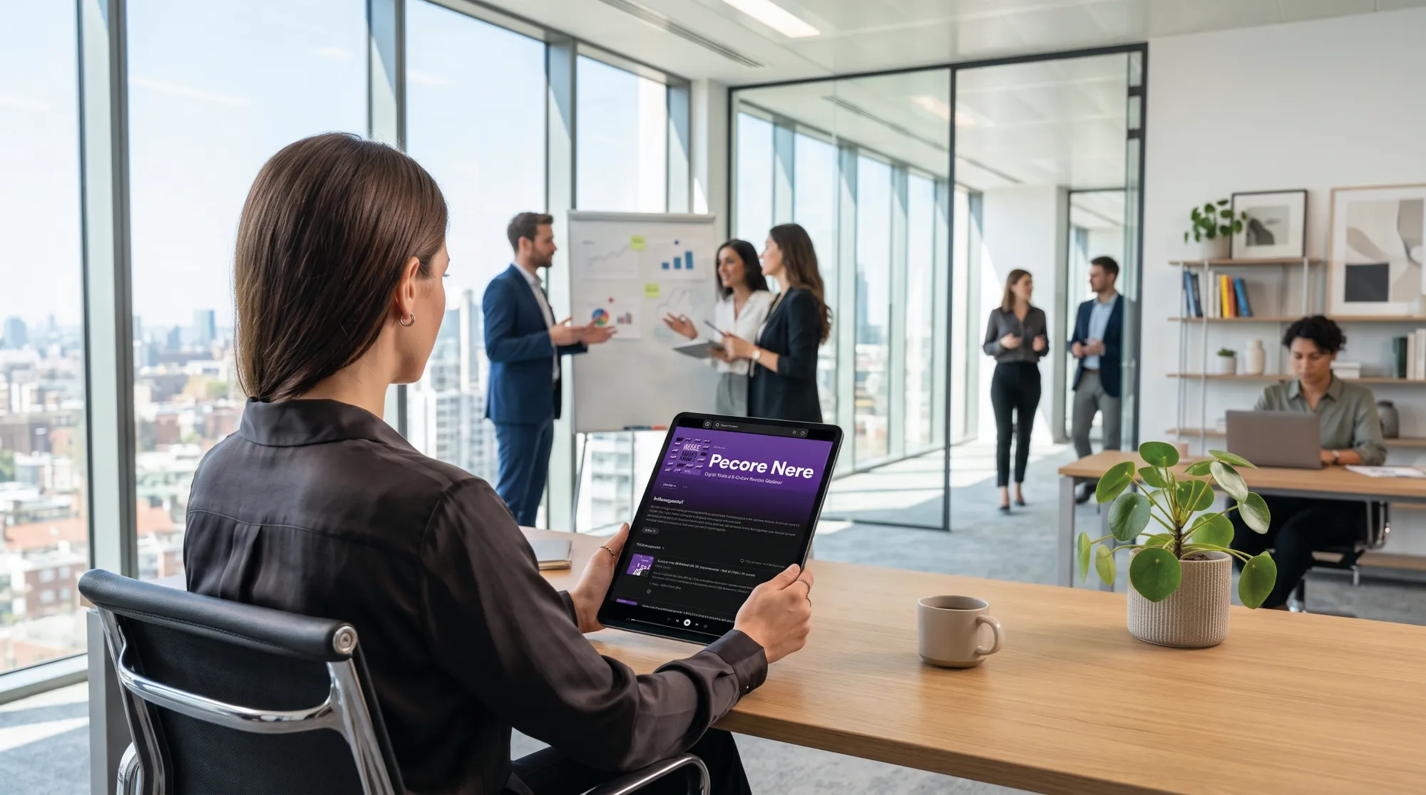 Manager in ufficio che ascolta Pecore Nere su un tablet